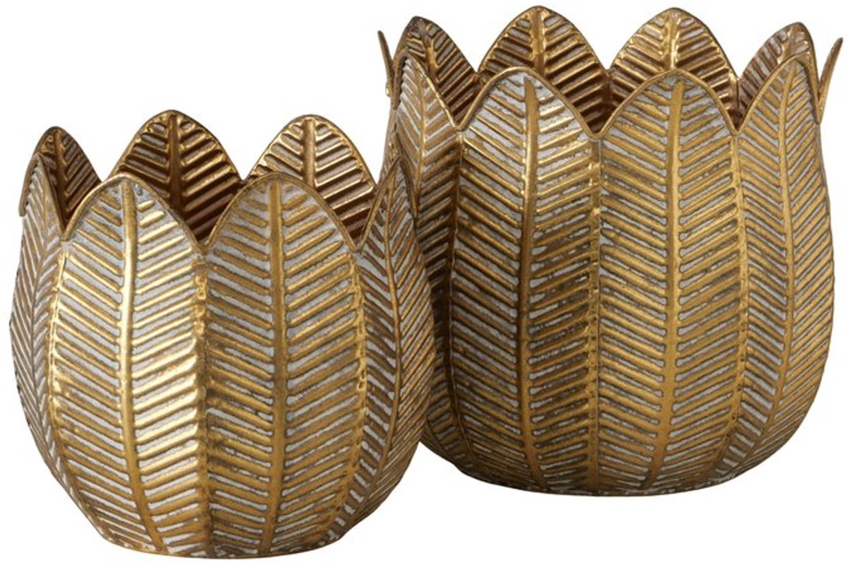 Boltze - Plantenpot - Bloempot - Set van 2 - Antiek goud Look - Metaal - 32 en 36cm hoog