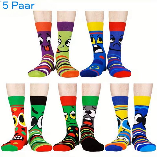 Sokken - Leuke Sokken - Vrolijke Sokken - Happy Socks - Vriendelijke Sokken - Blije Sokken - Gekke Sokken- Grappige Sokken - Funny Socks - Maat 43/46 5 Pair Verschillende Kleuren