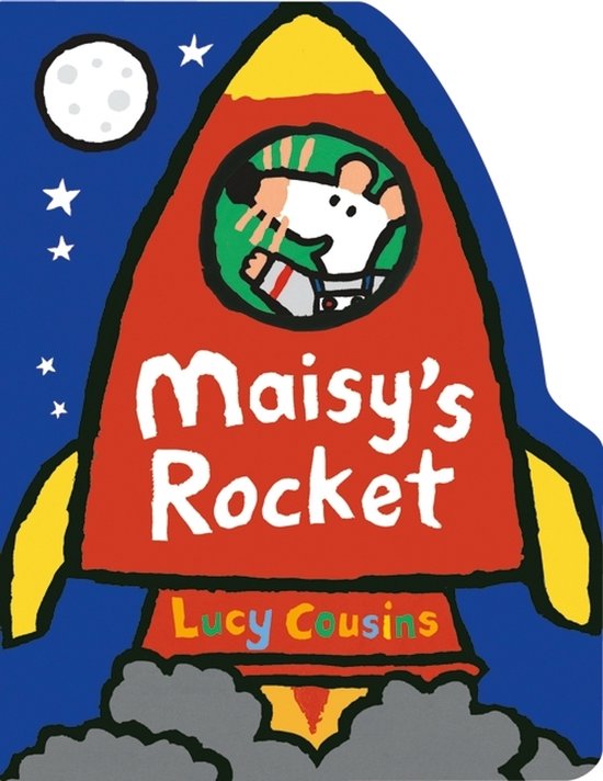 Rode raket met Maisy de muis in de cockpit, 'Maisy's Rocket' en 'Lucy Cousins' in witte letters.