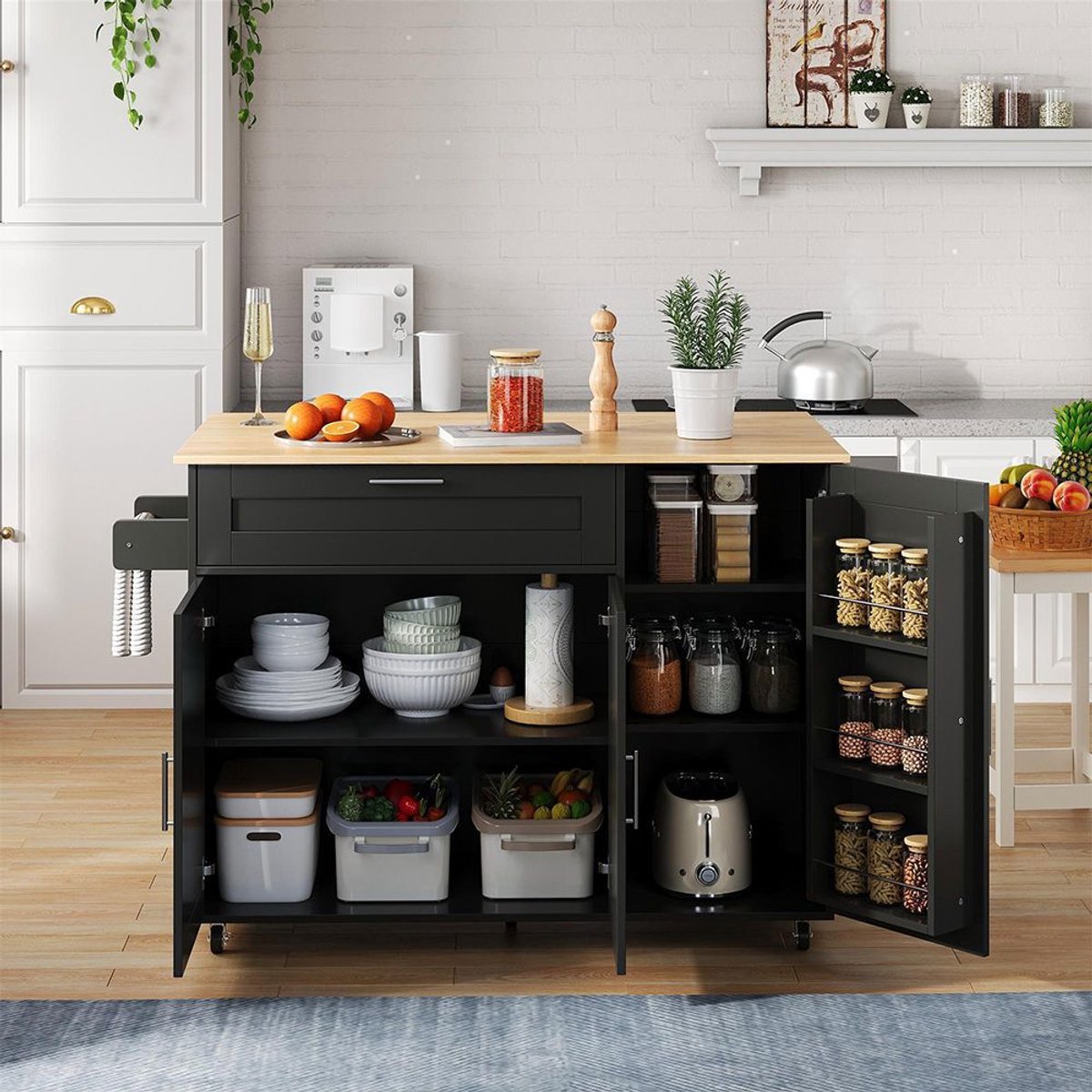 BLACKCOLORS Verrijdbare keukentafel L132,5*B44(70)*H90cm, opklapbaar werkblad, eikenhouten nerf, multifunctionele kast, kruidenrek, handdoekhouder, 5 wieltjes, geschikt voor keuken/eetkamer/huis