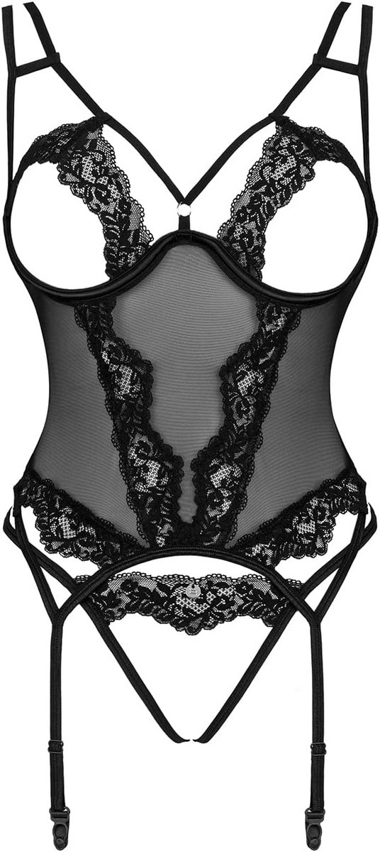 Sexy Zwart Korset met Kant en Open Cups | Inclusief String