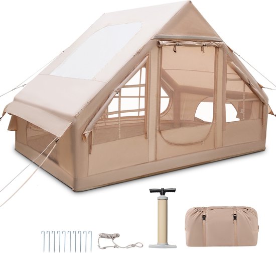 COSTWAY Opblaasbare tent voor 2-4 personen, luchttent met dakraam, 2 deuren en muggenramen, campingtent met luchtpomp, draagtas en waterdichte Oxford-stof, outdoor tent voor camping