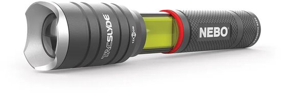 Grijze Nebo Tac Slyde zaklamp met rode ring, COB-licht en magnetische basis.