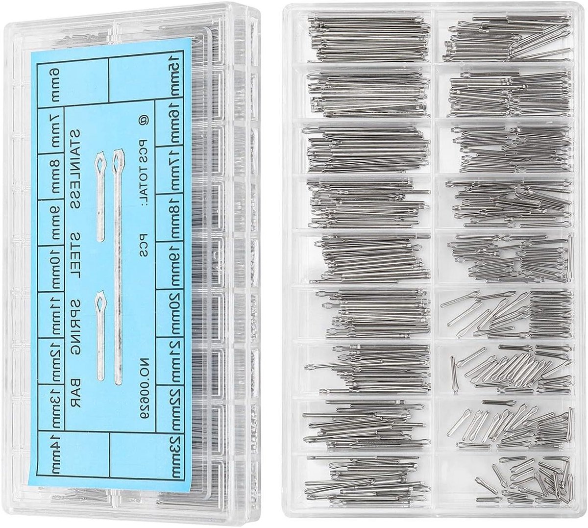 Veerpennen assortiment - Roestvrij staal - 360 stuks in 18 maten - 6-23 mm - Armbandverbindingen - Splitpennen - Horlogeonderdelen