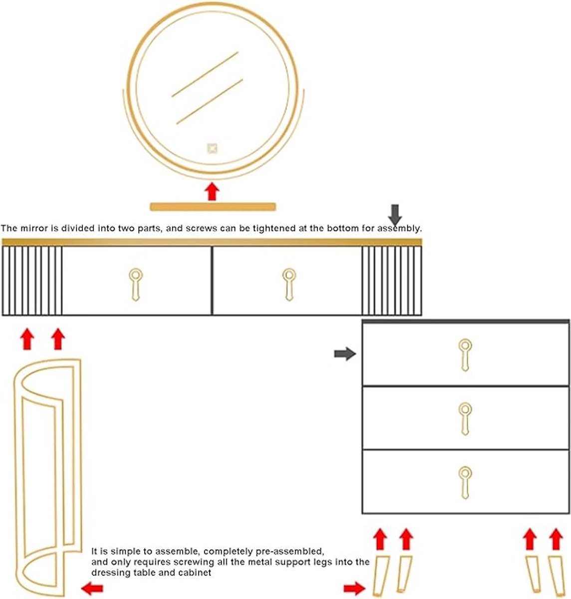 Make-uptafelset met opbergladen en 45 cm spiegel – 80 x 40 x 76 cm – Luxe wit bureau met gevoerde stoel en granieten blad – Multifunctionele kaptafel voor dames – Pauwhome