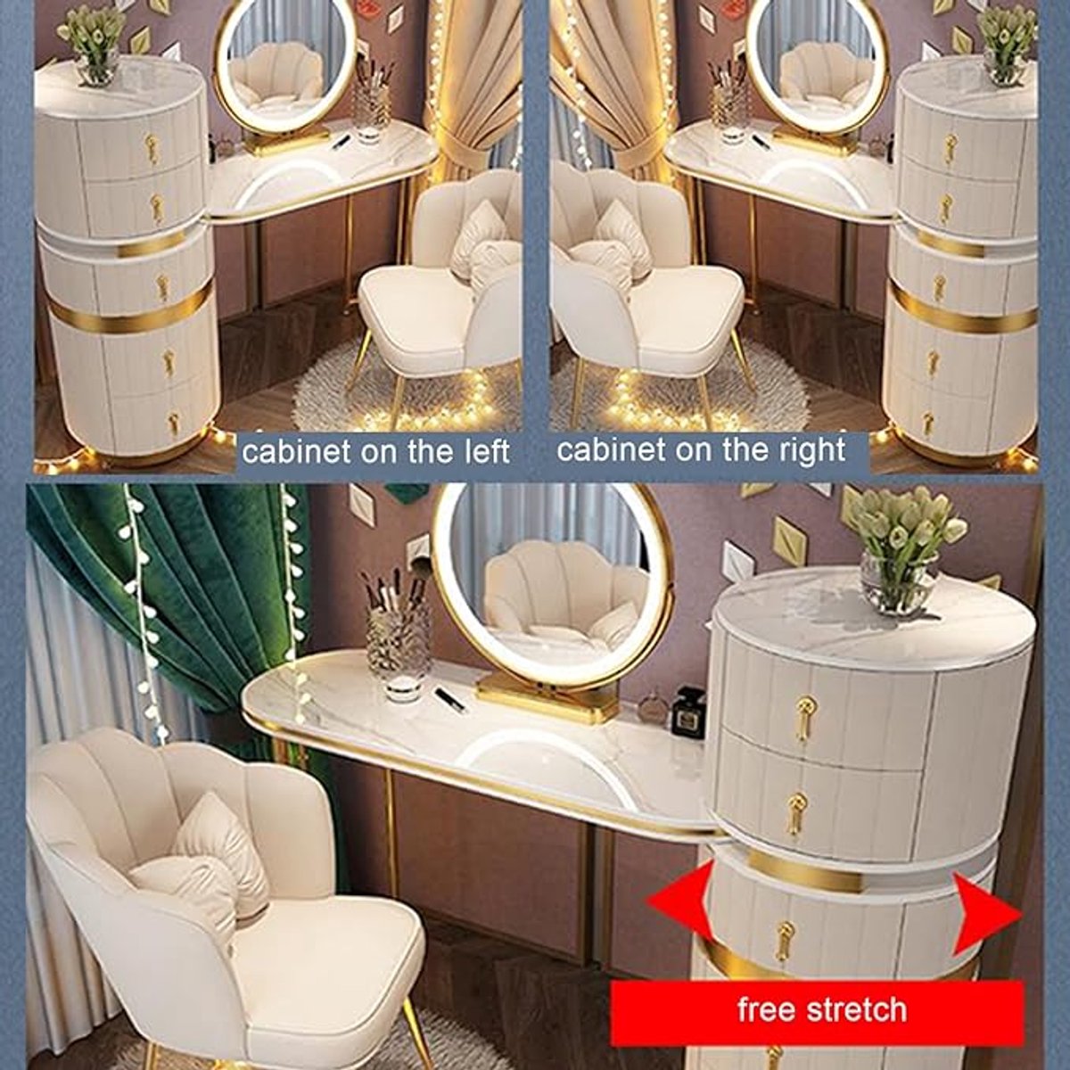 Make-up Tafel met LED Spiegel 120 cm – Moderne Witte Kaptafel met 5 Laden, Gestoffeerde Kruk, 360° Draaibare Verlichte Spiegel, Dimbare Kleurlichtmodi, Organisatie voor Make-up en Huidverzorging – Pauwhome