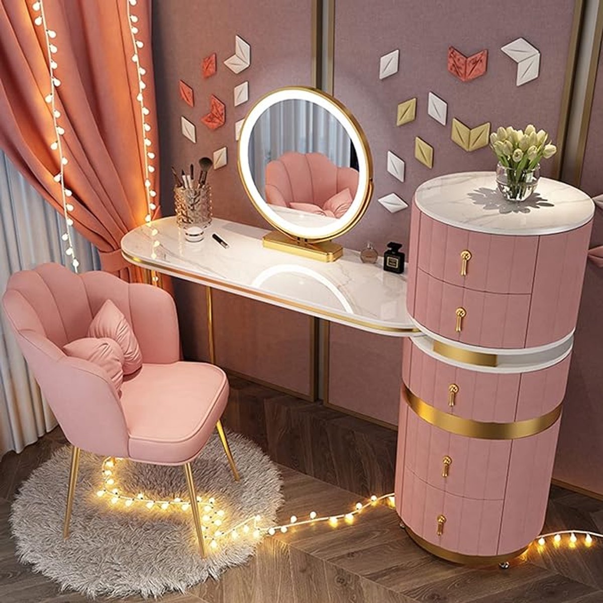 Make-uptafel met verstelbare verlichte spiegel 120cm, 5 laden en gestoffeerde kruk – Moderne cosmetica kaptafel voor slaapkamer en badkamer – Pauwhome