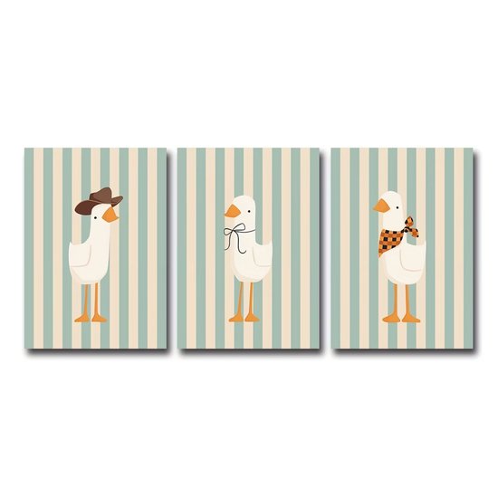 Set van 3 Canvas 'Grappige Ganzen' - 30x40cm - Posters zonder Lijst - Babykamer - Kinderkamer - Muur Decoratie Kind