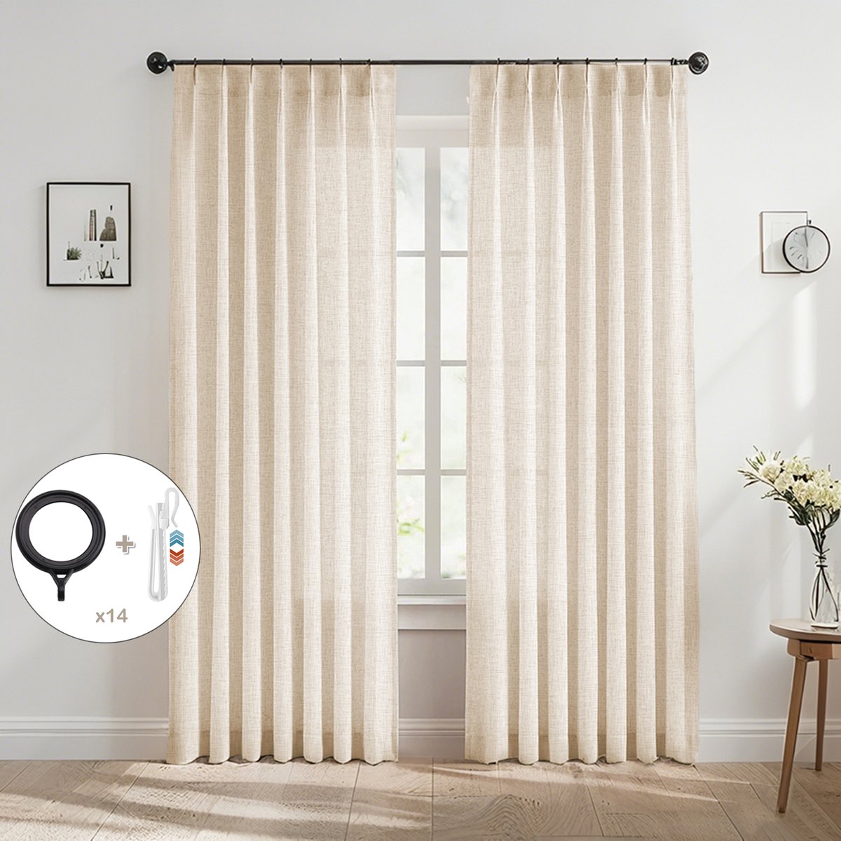 Qelus 2 Stuks Luxe Linnen Look Gordijnen - 102x274 cm - Licht Kaki / Beige - Vlinderplooi Inbetween Gordijn met Haken & Ringen - Tijdloze Raamdecoratie