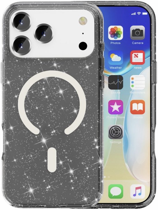 Coque iPhone transparente avec paillettes argentées et cercle MagSafe, montre l'écran de l'iPhone.