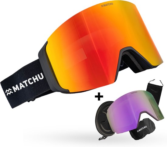 MATCHU - Skibril met verwisselbare lenzen - Incl. S2 & S3 lenzen – Voor bewolkt en zonnig weer - Ski goggles - Dames en Heren - Complete set - Met beschermhoes en EVA brillencase - One size