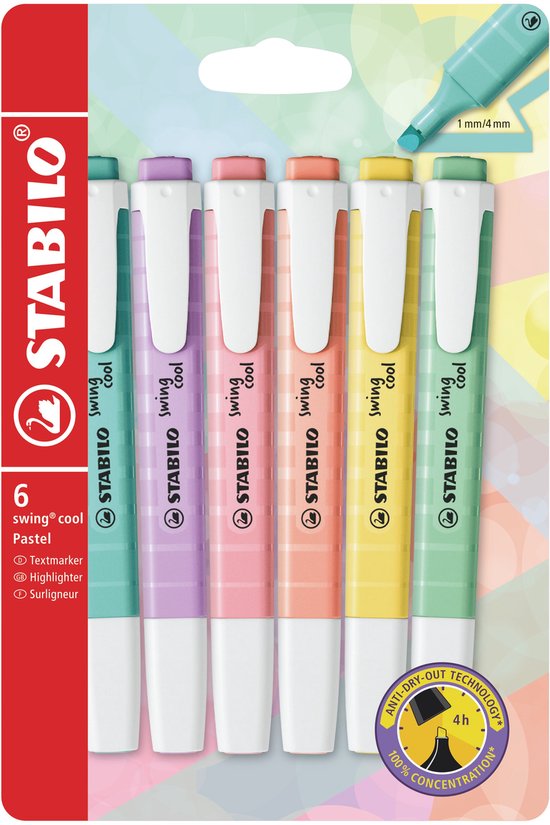 STABILO Swing Cool Pastel - Markeerstift - Perfect Voor Onderweg - Etui Met 6 Pastel Kleuren