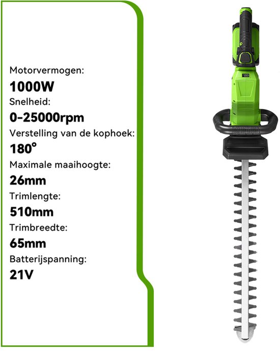 ONEGREEN Accu Heggenschaar - 51cm Snoeilengte - 180° Einstellbarer Kopfwinkel - met 2x Accu's - Elektrische Heggenschaar - voor het maaien van tuin en gazon van OneGreen — afbeelding 3
