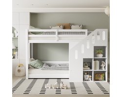 Kinderstapelbed, tweepersoonsbed, multifunctioneel kinderbed met trap en opbergkastjes, stevige zijrails, matras niet inbegrepen, 90*200 cm, wit.
