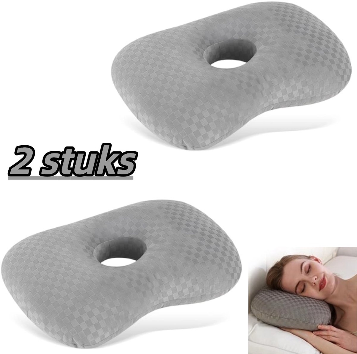 OIMG Piercing Kussen - 2 stuks - Luxe Orthopedisch Oorkussen voor Zijslapers - Gatdiameter 8,9 cm - Donut Kussen met Gat voor Piercing Verzorging - Verlicht Oorpijn bij Ontsteking - 43.9cmx32cm - Ringkussen - Piercingkussen - Hoofd Kussen - grijs