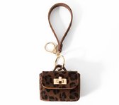 Bruin luipaardprint sleutelhanger portemonnee dames – compact sleutel etui met rits en druksluiting – faux leren mini portemonnee – sleutelhanger met polsband en metalen clip