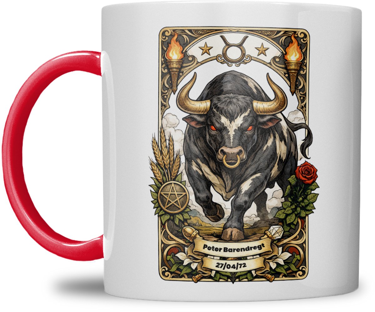 Sterrenbeeld mok - Stier - Rood - Tarot mok - Gepersonaliseerd met naam en datum