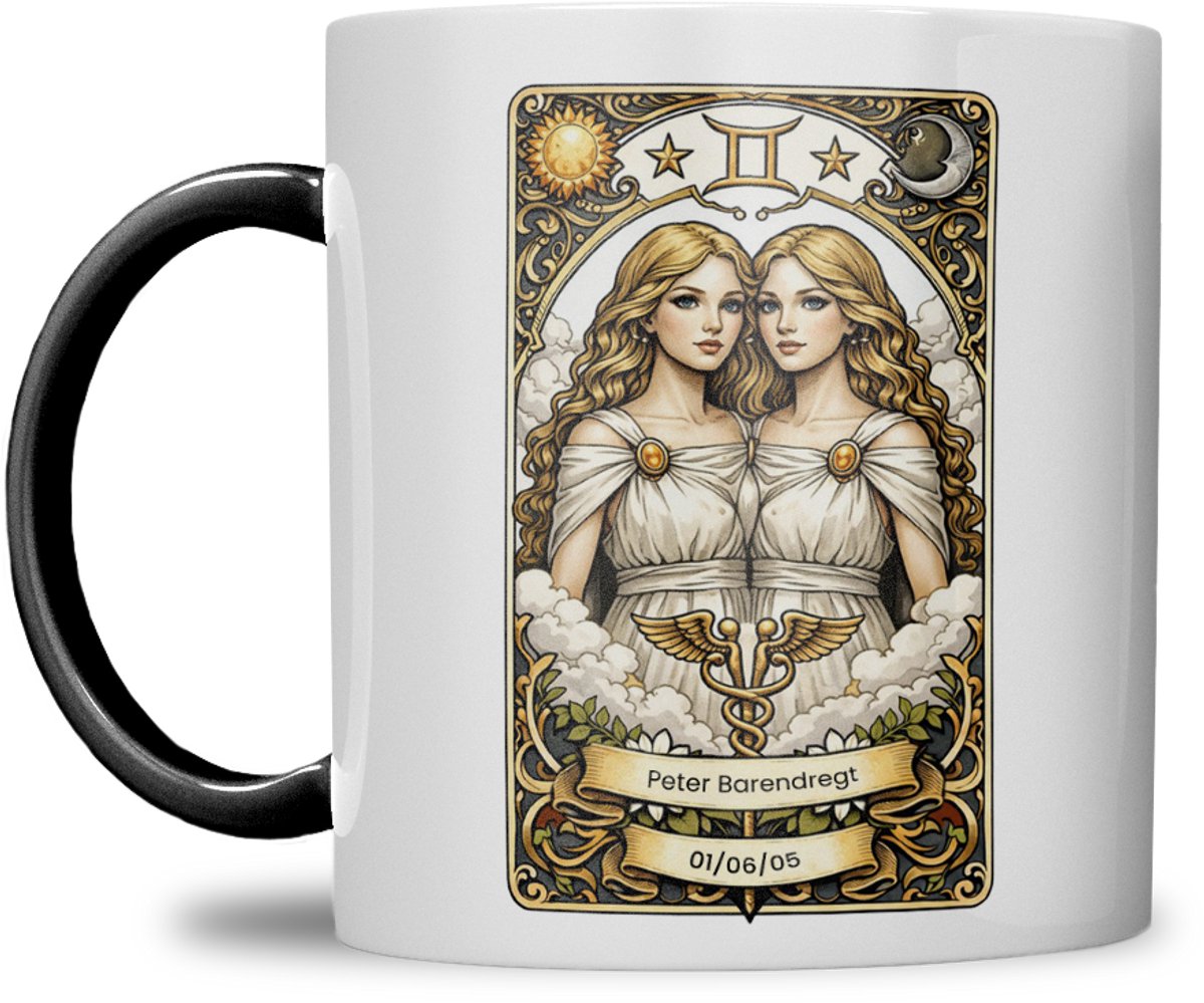 Sterrenbeeld mok - Tweeling - Zwart - Tarot mok - Gepersonaliseerd met naam en datum