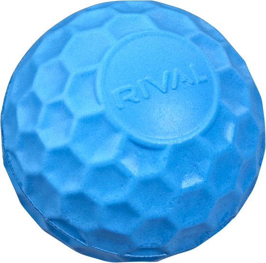Een blauwe, ronde Nerf Rival bal met een honingraatpatroon en het Rival-logo erop.