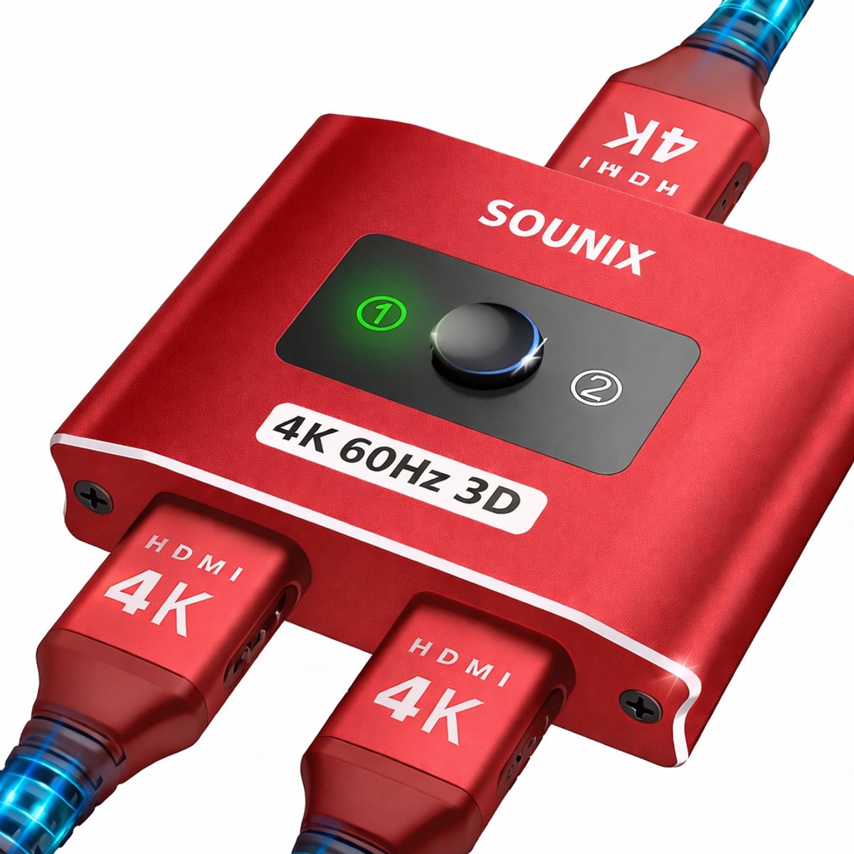 Sounix Bi-Directional HDMI Switch - 4k@60Hz - HDMI Switch 2 Poorts - 2 In 1 Uit / 1 in 2 uit - Aluminium - Rood