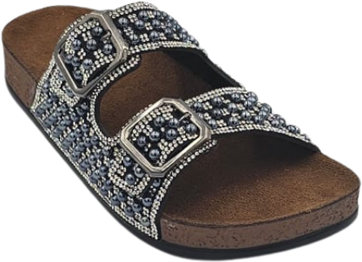 Berussa-Pienn Luxury-Dames Sloffen- Dames Slippers - Luxe Glinsterende Stenen - Dubbele Gesp - Anatomisch Voetbed -Zachte zool- Maat 36-40 - Handgemaakt in Turkije
