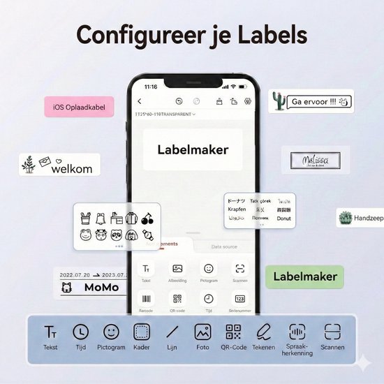 Smartphone toont labelmaker app met diverse opties: tekst, pictogrammen, kaders, QR-code, etc. Omringd door voorbeeldlabels.