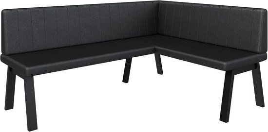 Zwarte hoekbank met een strak design en verticale naden op de rugleuningen.