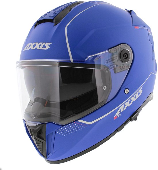 Mat blauwe integraalhelm van Axxis met zilverkleurige Axxis-logo's, witte lijnen en een helder vizier.