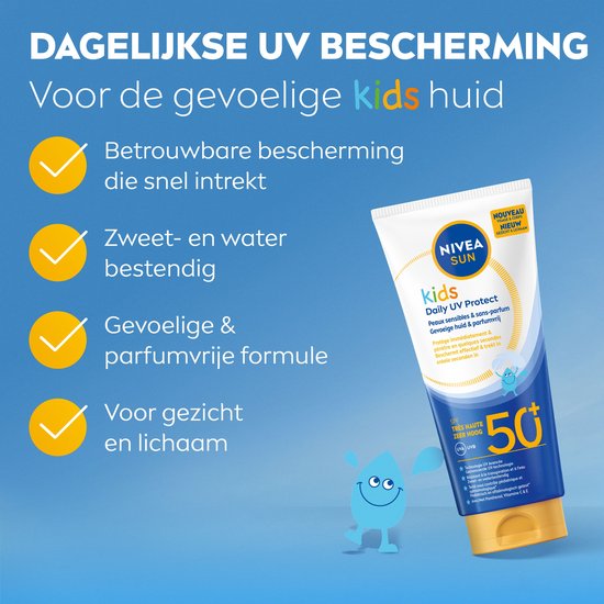 NIVEA Sun Kids Daily UV Protect Zonnebrand SPF50+ - Zonnebrandcrème - Parfumvrij & niet Plakkerig - met Vitamine C&E - 100ml