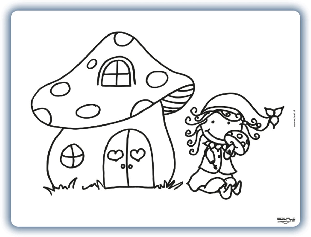 Placemat paddestoel huisje - inkleurbaar en uitveegbaar - 30 x 40 cm