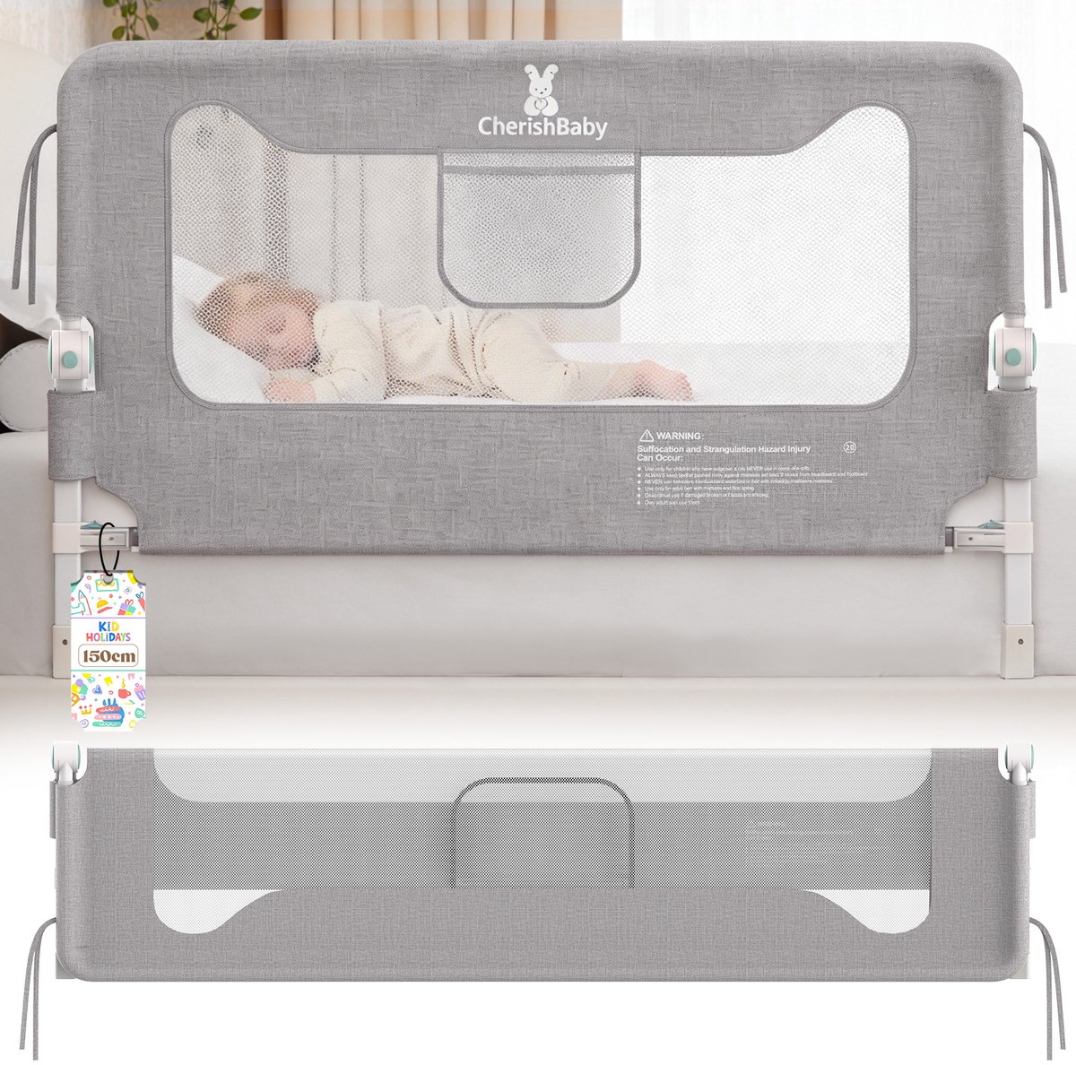 Soontrans - Inklapbaar Bedhekje - Extra Lang 150cm Universeel Bedrail - Bedrek Uitvalbescherming met Fixatieband - Kinderbedhek - Opbergvakken Aan de Zijkant - Stand Safe Blokkade - Grijs - 1 Zijde