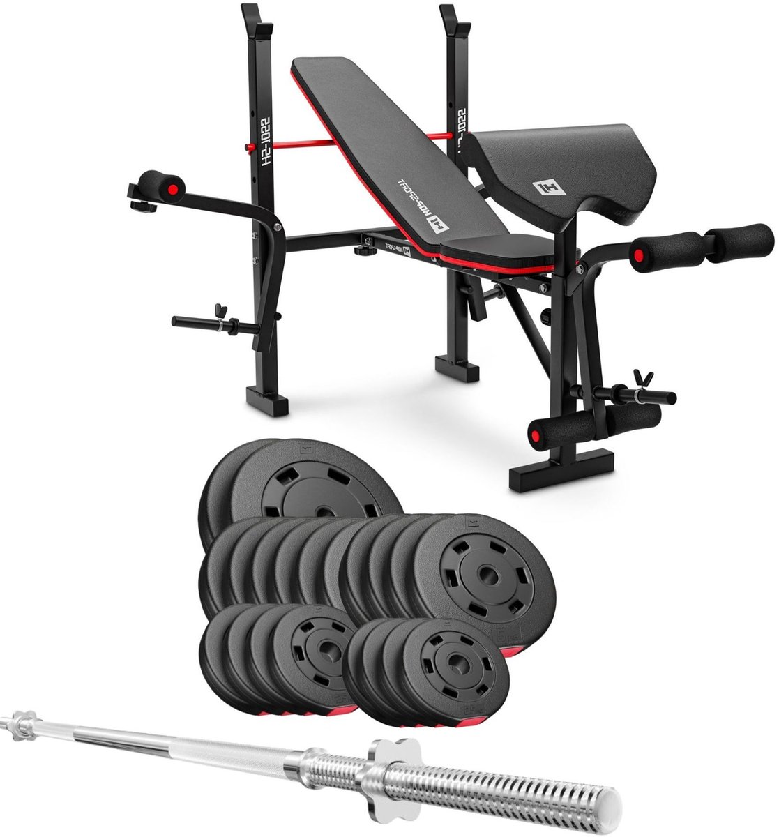 Hop-Sport HS-1055 Professional – Halterbank set – Inklapbaar en verstelbaar – 99 kg kunststof halterset – Halterstang 167 cm