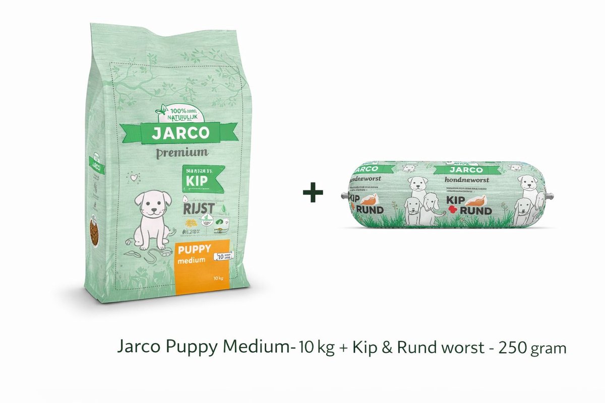 Jarco Dog Natural Medium Puppy Kip - Hondenvoer – 10 kg 11-25 Kg + Kip & Rund worst 250 gram