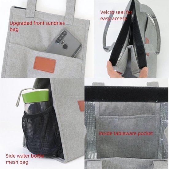 KZQ Picknicktas - Geïsoleerde picknicktas voor buiten - Geïsoleerde lunchtas - Verdikte aluminiumfolie draagtas - Extra dikke lunchtas - Grijs - 28×25×16 cm van KZQ — afbeelding 2