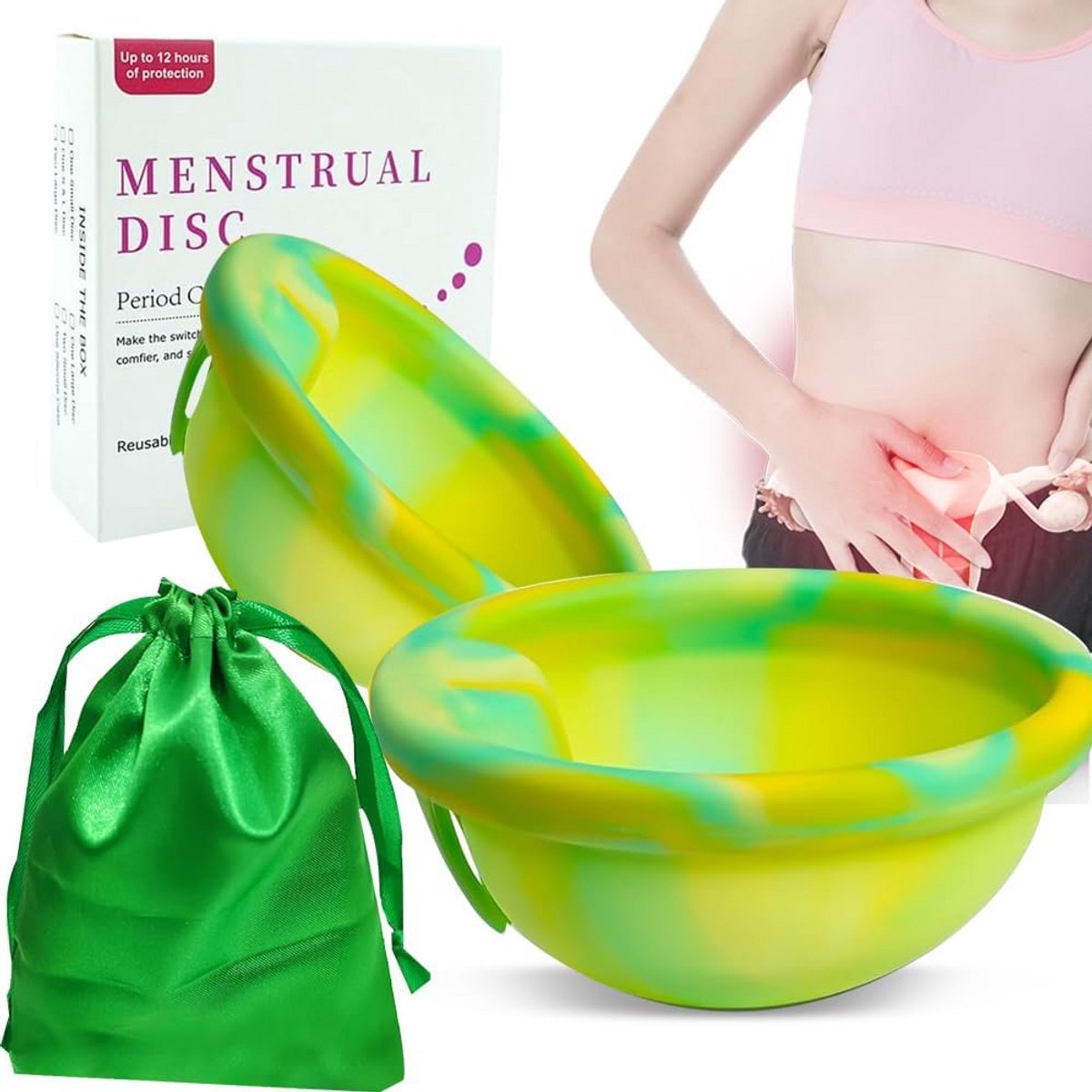 Set van 2 Herbruikbare Menstruatieschijven van Siliconen in Maat S + L met Opbergzakjes