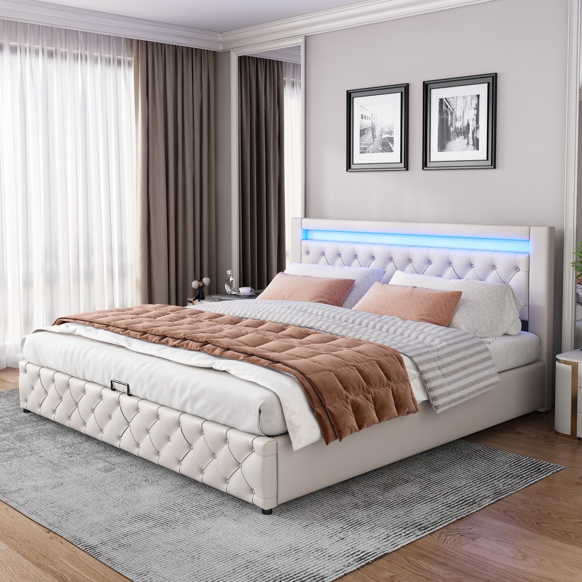 REDOM Opbergbed 180x200 cm – PU – Hydraulisch – LED-hoofdbord – Wit – 220 kg