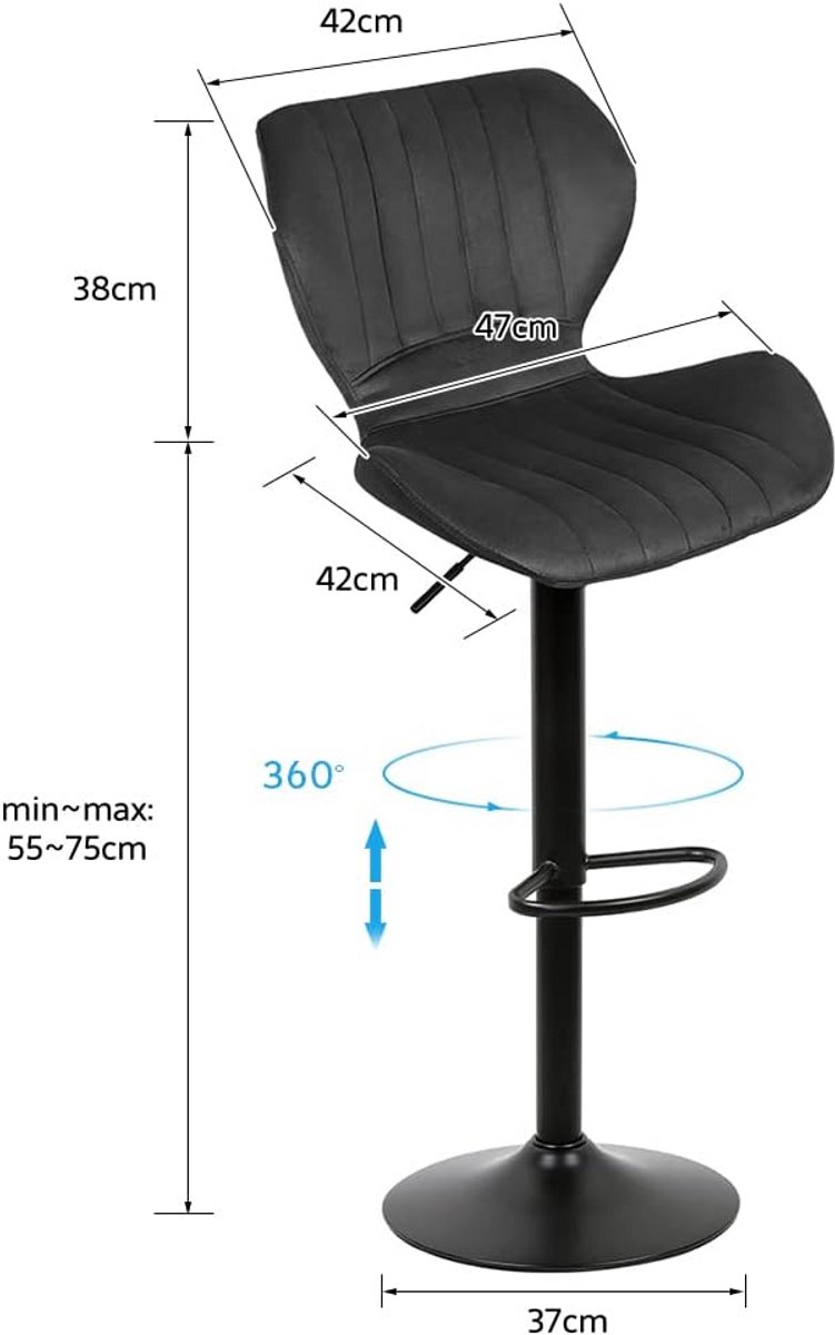 Set van 2 Verstelbare Barkrukken met Zwart Gestreept Fluweel – Moderne Barstoelen