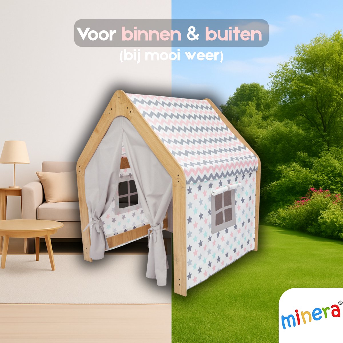 Minera® Tipi Tent - Speeltent - Meisjes - Binnen Speelgoed - Speelhuisje voor Kinderen - Houten Kinderhuisje - Kindertent vanaf 1 tot 7 Jaar - Wit met Roze — afbeelding 4