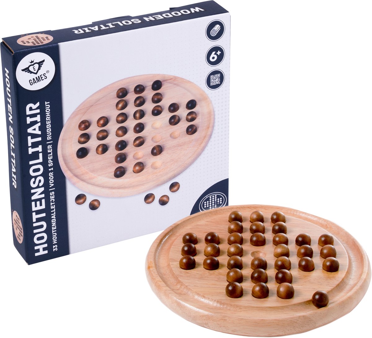 RUBBER WOOD SOLITAIR INCLUDING 33 BALLS AND RULES OF THE GAME - DIAMETER 23 CM