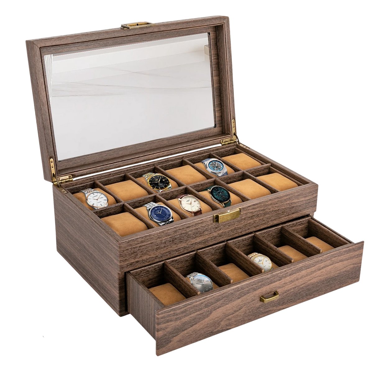 Novendo Goods - Luxe 24-vaks horlogebox met glazen deksel - 2-Laags rustieke houten watch organizer voor mannen vrouwen