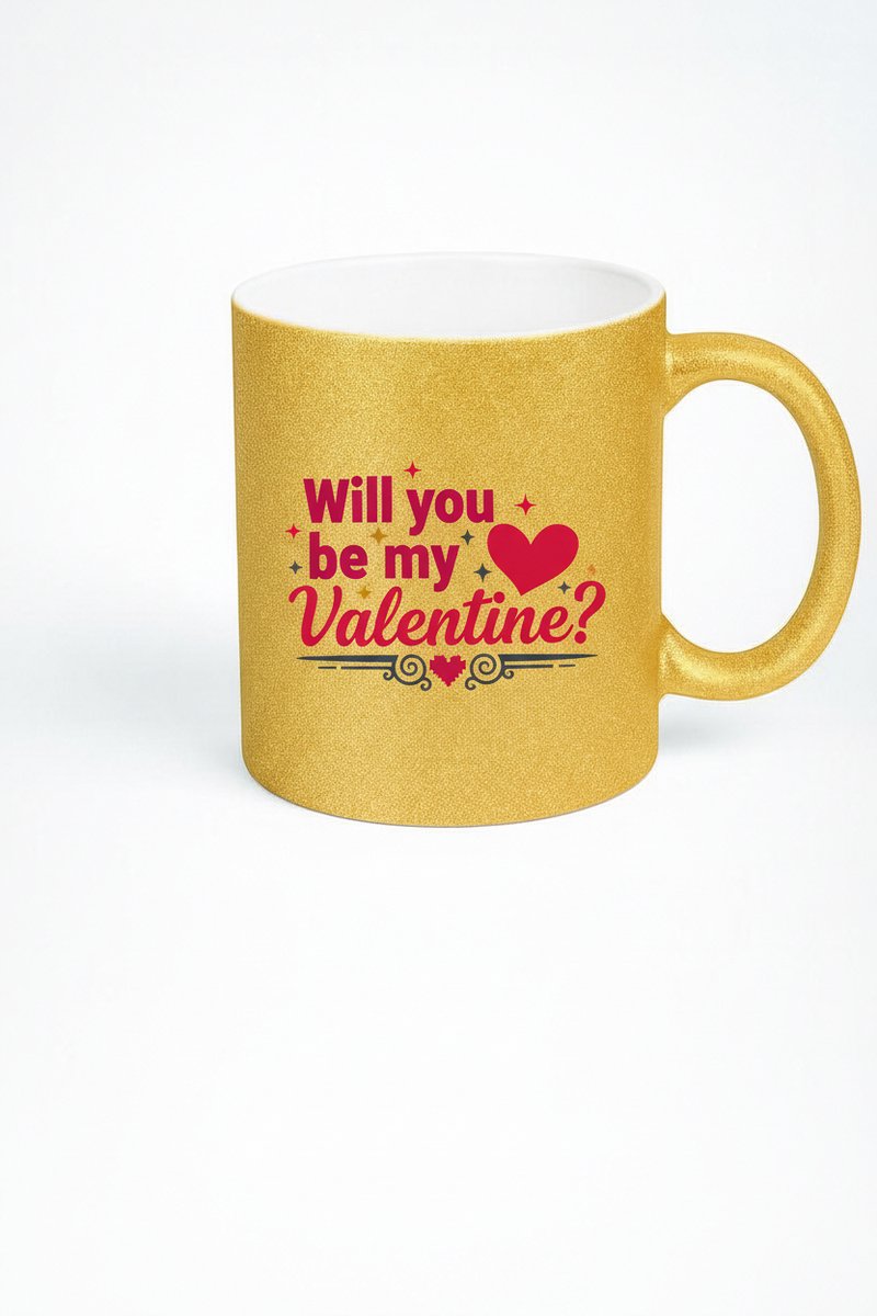 Gouden Glitter Valentijn Mok 'Will you be my Valentine?' - Romantisch Cadeau Liefde