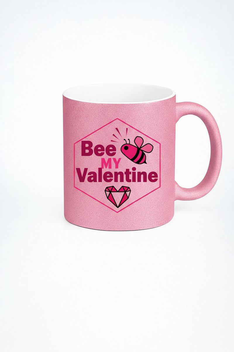 Bee My Valentine Mok Roze Glitter - Valentijnscadeau met Bij en Hart
