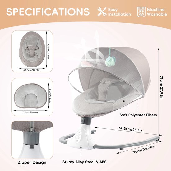 Elektrische Babyschommel - Baby Bouncer - 4 Schommelstanden - Bluetooth & Slaapliedjes - Met Zonnescherm en Klamboe — afbeelding 2
