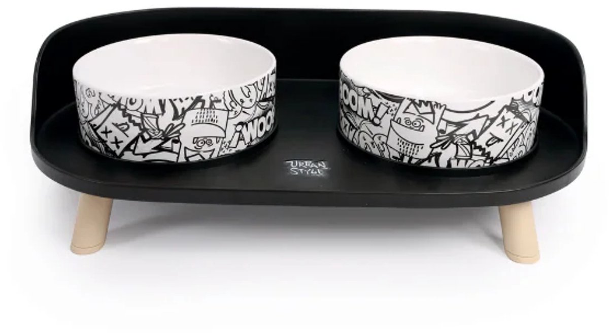M-PETS ALTITUDE URBAN STYLE - Dubbel verhoogd voerbakje zwart-wit