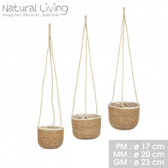 Set van 3 Natural Living hangplantenpotten in naturel kleur, met touw. Afmetingen: 17, 20 en 23 cm.