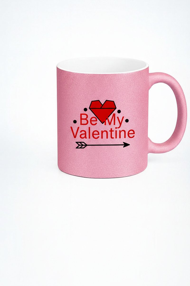 Roze Glitter Valentijn Mok 'Be My Valentine' met Hart en Pijl
