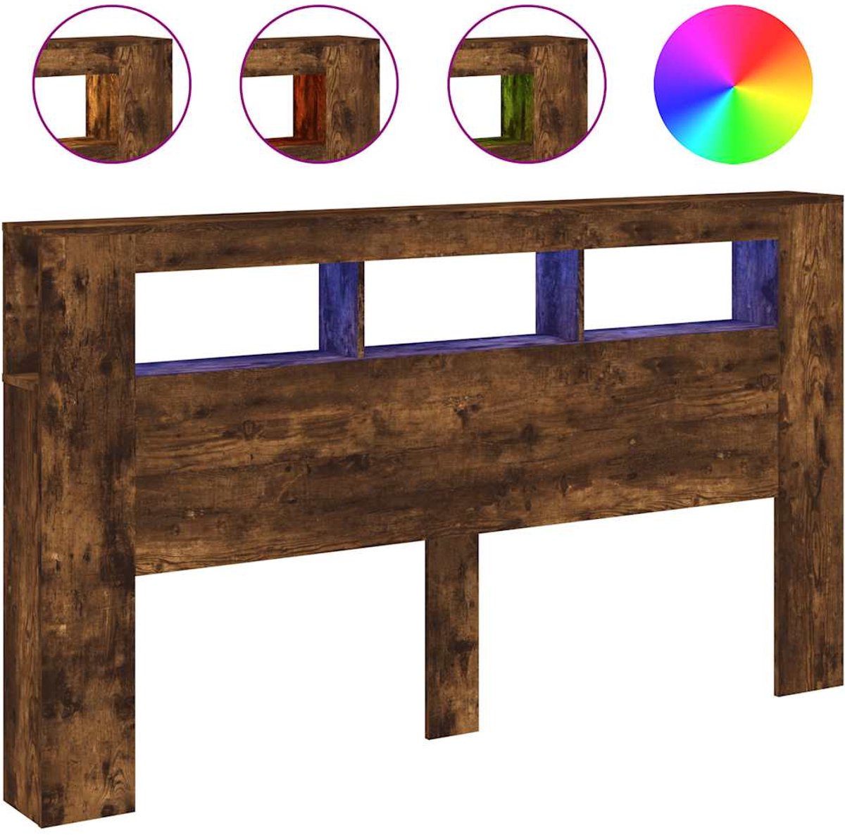 vidaXL - Hoofdeinde - met - LED - 180x18,5x103,5 - cm - bewerkt - hout - gerookt - eiken