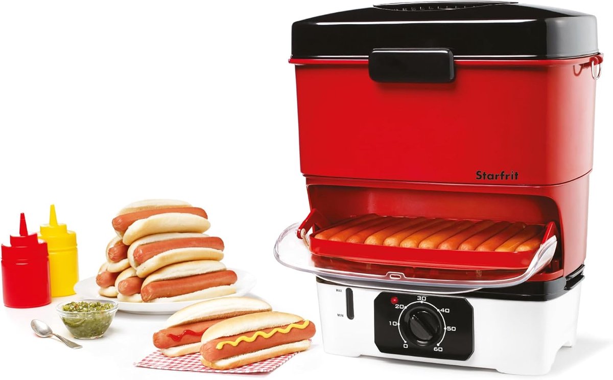 Elektrische Hotdog Stomer - Snelle Snacks - Feestjes Thuis - Rvs Warmhoudbak - 33x24x41 cm - Rood