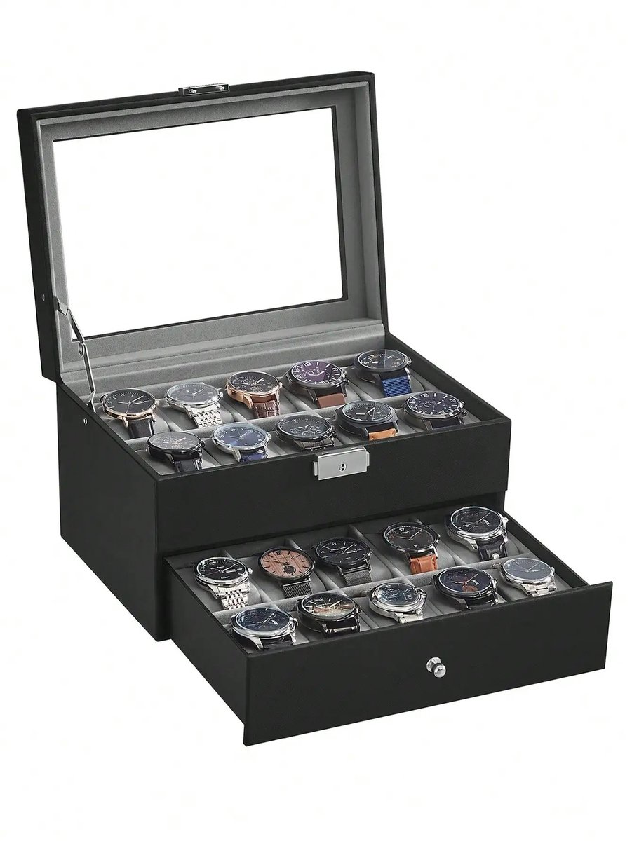 Deliqa horlogebox - ruimte voor 20 horloges - 2 niveaus - kan op slot - met glazen deksel - fluwelen binnenkant - inclusief 2 sleutels - horlogedoos