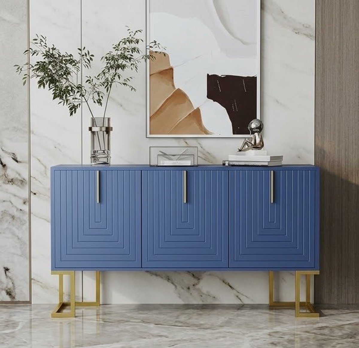 Dressoir, moderne ladekast met 3 deuren, verstelbare planken, U-vormige kastdeuren, metalen handgrepen en plint voor eetkamer, keuken en hal (marineblauw) - Casa Serena – Afmetingen op aanvraag – C...